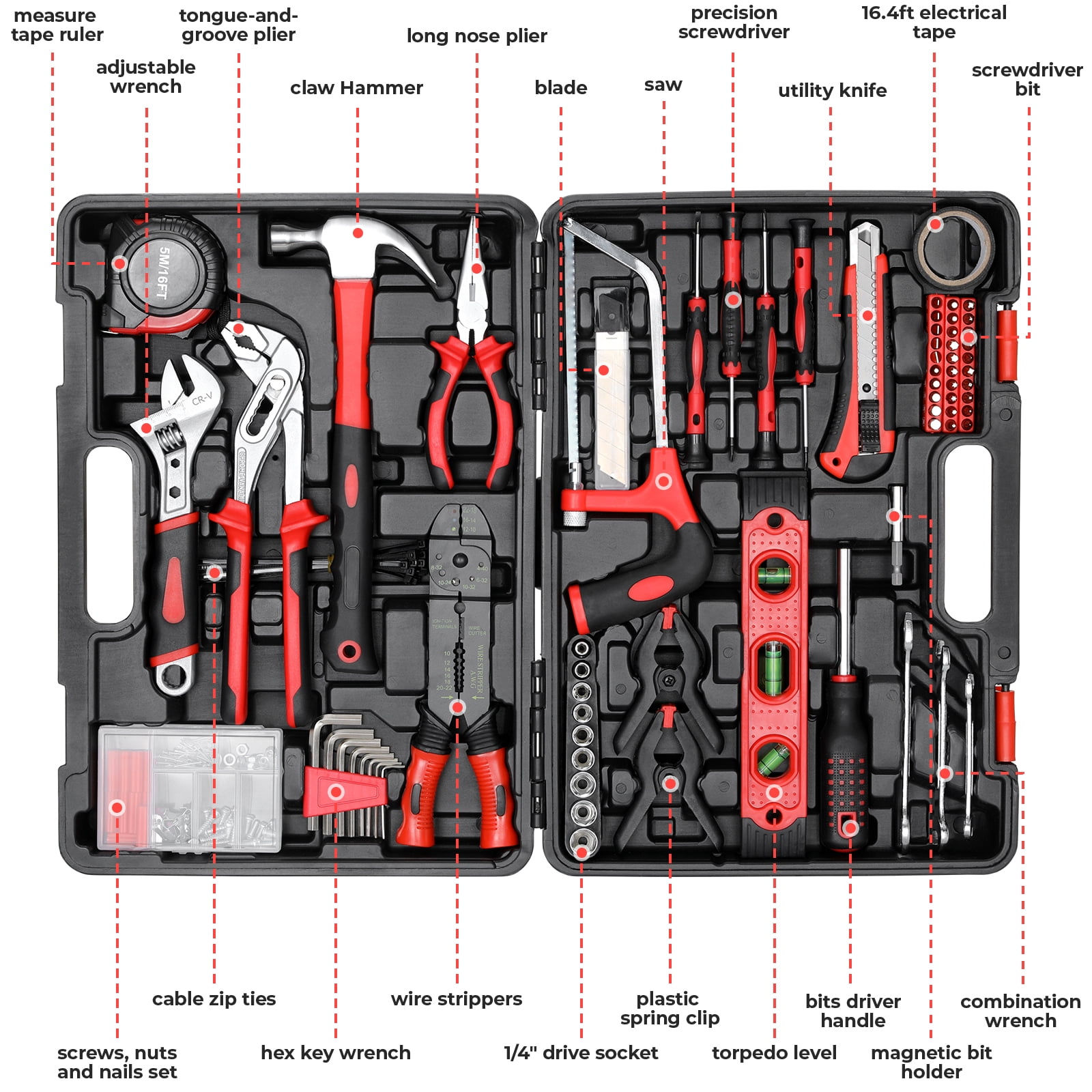 TLGREEN 218-Piece Household Tool Set, Mechanic Tool Kit with Saw, Wrenches,  Hammer, Pliers and Toolbox, for Home, Auto, Perfect for Gift (Red)