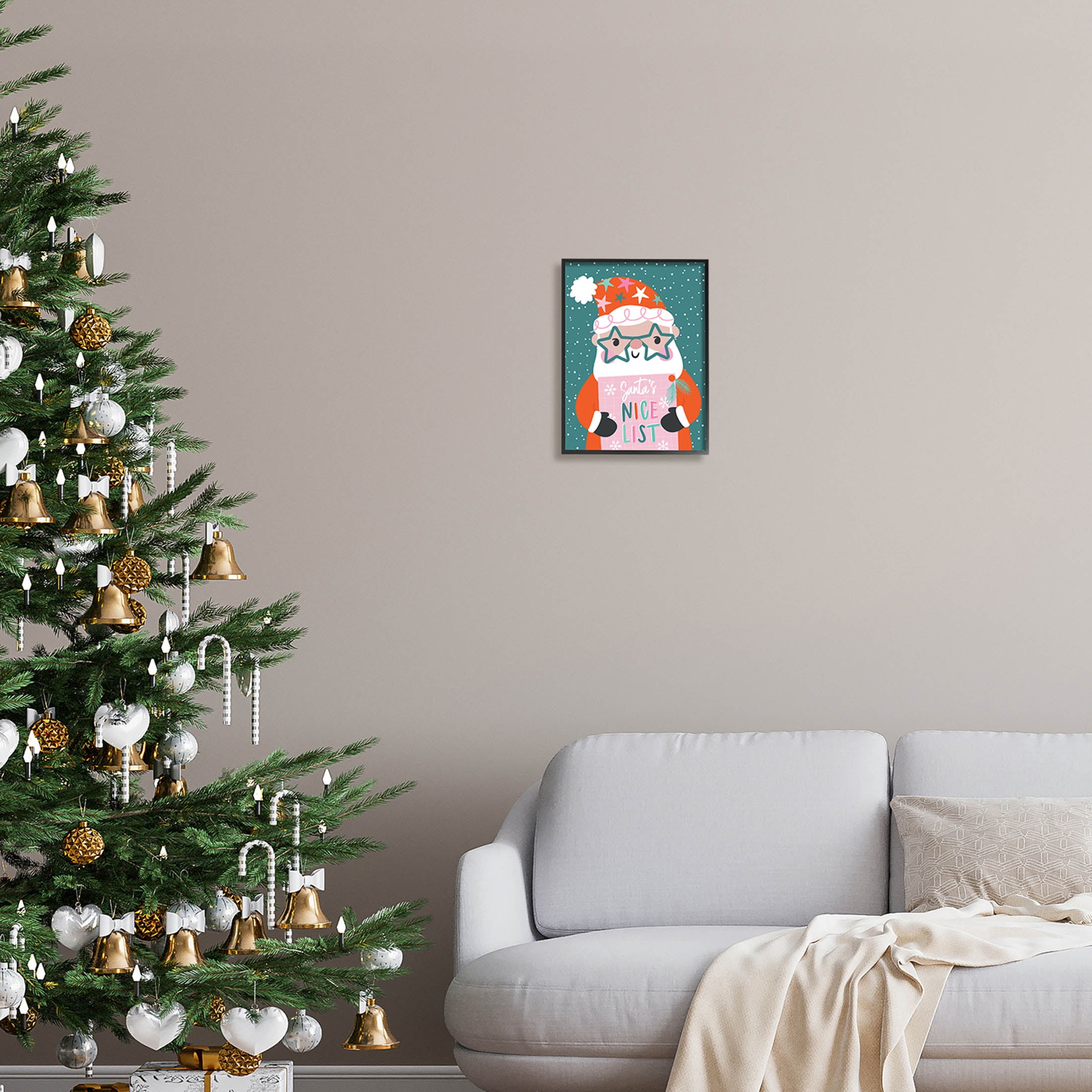Santa's Nice List Falling Snow Holiday Graphic Art Black Framed Art Print Wall Art