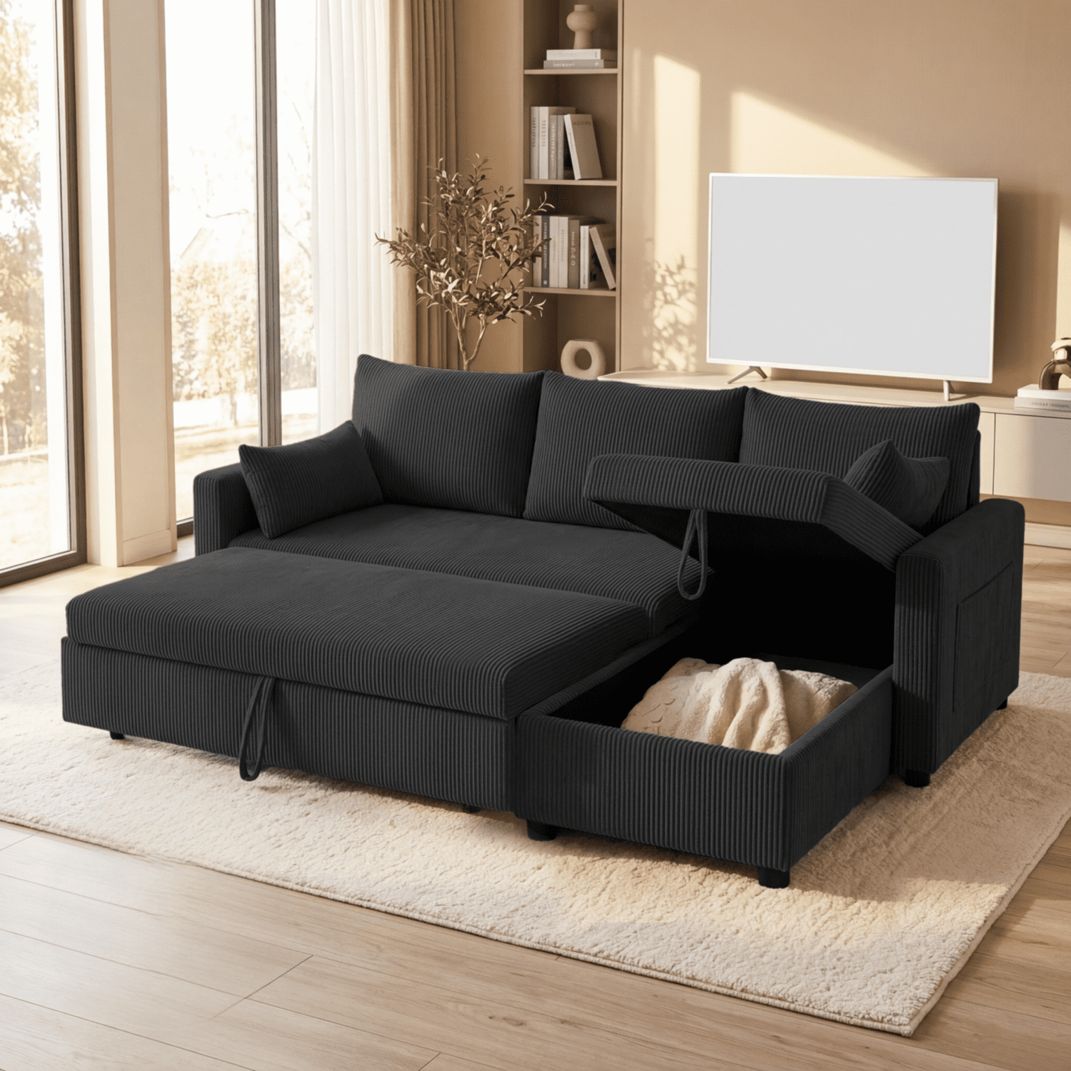 Leumius L Shaped Corduroy Sectional Sofa, 3 Seater Convertible Sofa Bed with Pull Out Bed & Storage Chaise, Sleeper Sofa Couch Bed for Small Living Room, Apartment, Office,Black