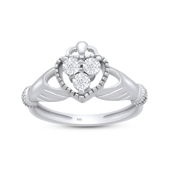 AFFY Round Cut White Natural Diamond Accent Claddagh Ring In 14k White Gold Over Sterling Silver-13