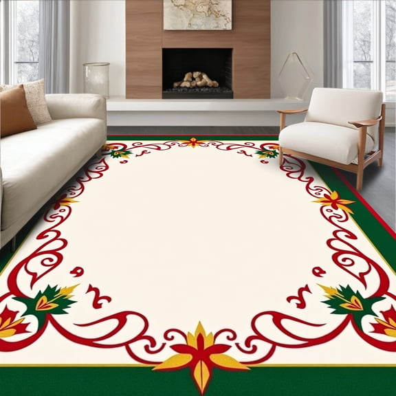 ODIKA 4'x6' Machine Washable Non-Slip Area Rug, North Pole Adventure Embroidery Kit High Traffic Rug, Green, 639252