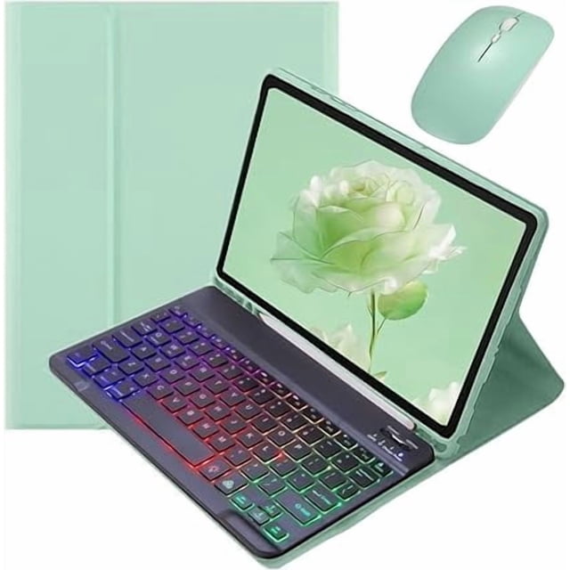 Funda con Teclado Retroiluminado Verde Menta y Negro con Mouse para iPad 10.2"/10.5"