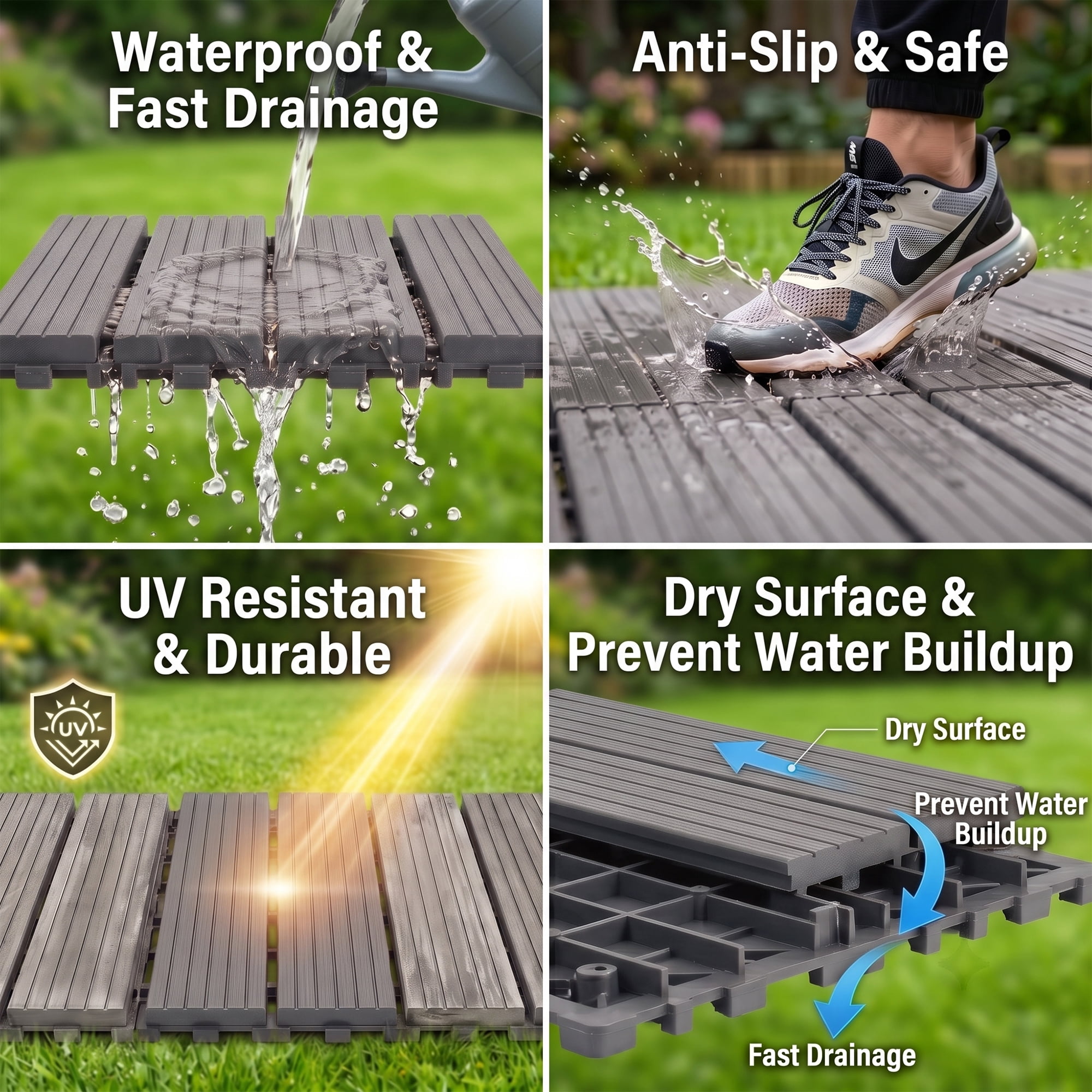 Interlocking Deck Tiles 12x12 in, Waterproof Non-Slip Outdoor Patio Flooring with Drainage Design, Snap Together Tiles for Poolside Porch Garden Backyard, Gray, 44pcs