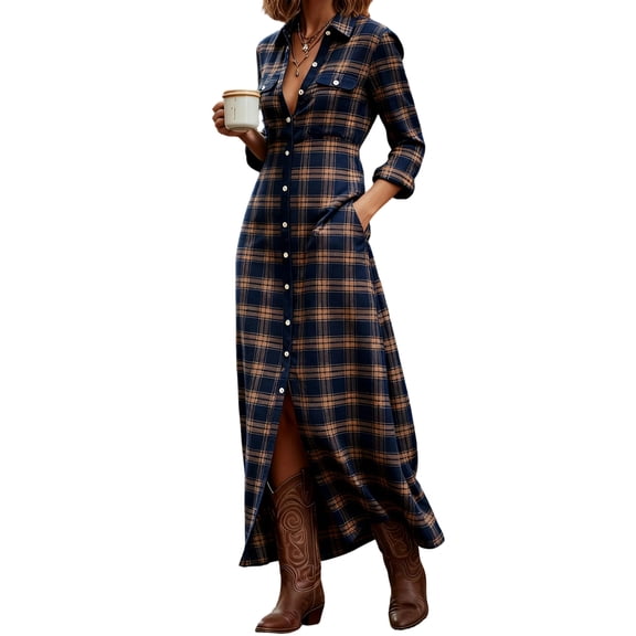 CIENVNSTG Fall Plaid Print Swing Long Dresses Woman Sexy Lapel Shirt Dress Casual Long Sleeve Pocket Slit Maxi Dress Yellow XL