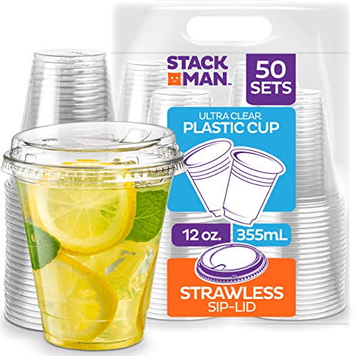 PET Crystal Clear Disposable 12oz Plastic Cups with Lids 50 Sets 12 oz Clear Cups with Strawless Sip-Lids, 