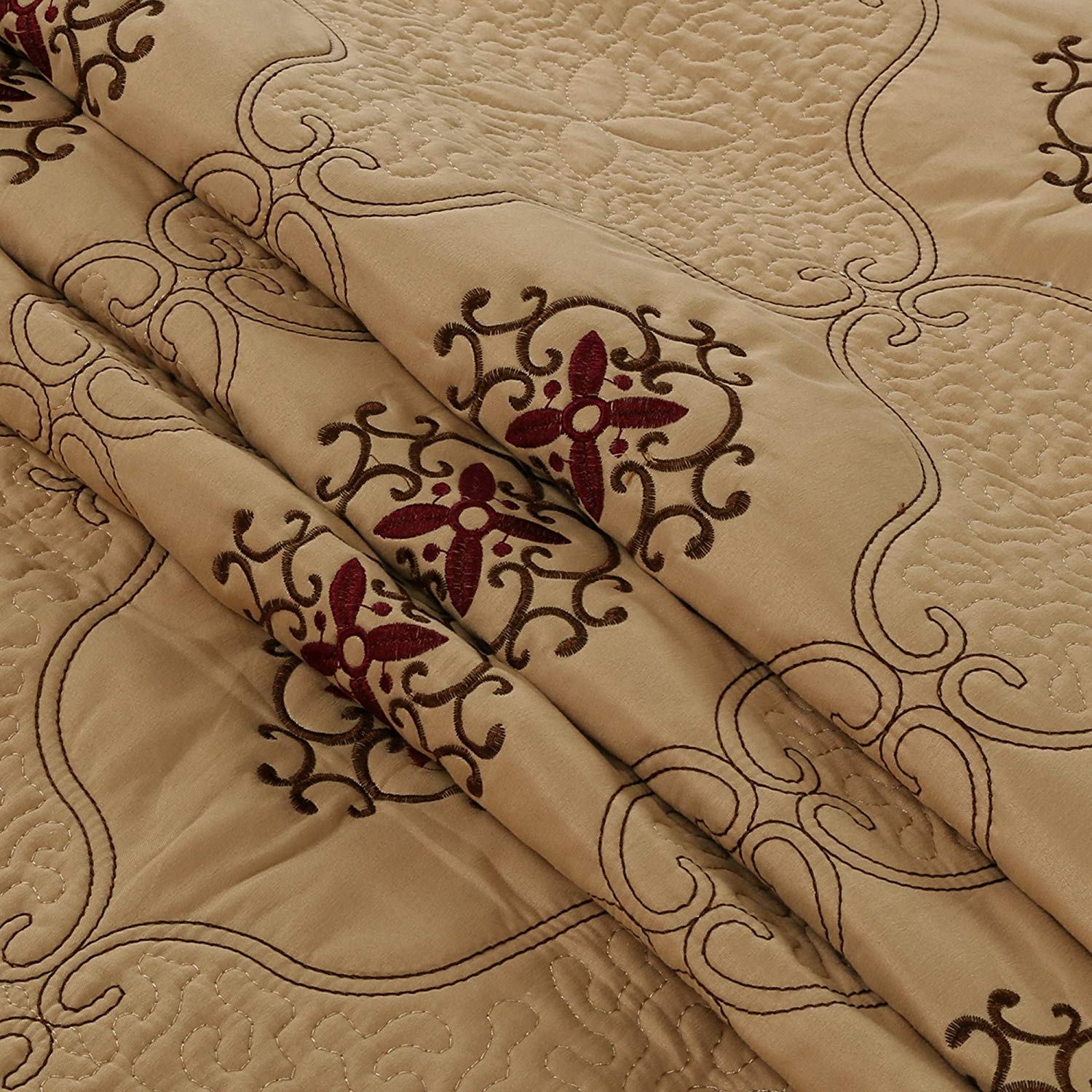 MarCielo 3-Piece Fully Quilted Embroidery Quilts Bedspreads Bed Coverlets Cover Set, Burgundy, Brown, Emma(Queen Size, Taupe)
