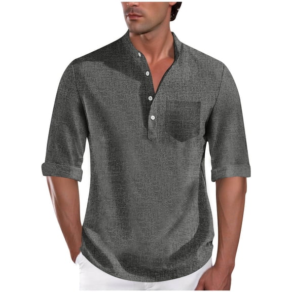 USNSM Mens Linen Henley Shirts with Pocket Casual Lightweight 3/4 Sleeve T-Shirt Breathable Comfort Hippie Tops Gray XL