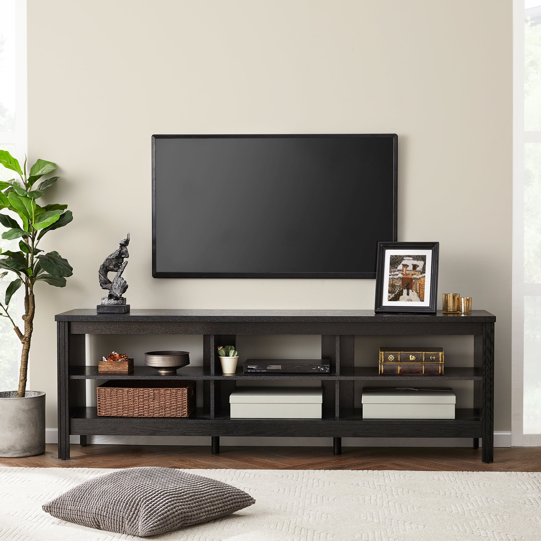 Black TV Stand for 75 Inch TV, Farmhouse Wood TV Cabinet with 6 Cubby for Living Room Bedroom,70 inch Sansujyuku sansujyuku.com