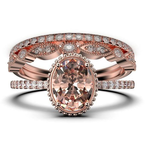 Gorgeous Minimalist 2.50 Carat Oval Cut Morganite And Diamond Moissanite Engagement Ring, Floral Wedding Ring, Two Matching Band in 925 Sterling Silver With 18k Rose Gold Plating, Gift For Her