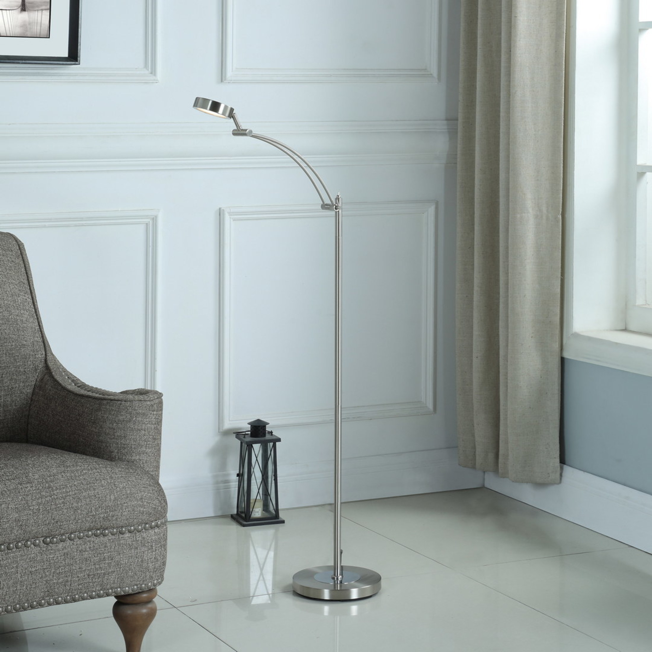 Noble House Tinsley 54" Integrated LED Task Floor Lamp, Flexible Head, Column Switch, Space Saving, Silver