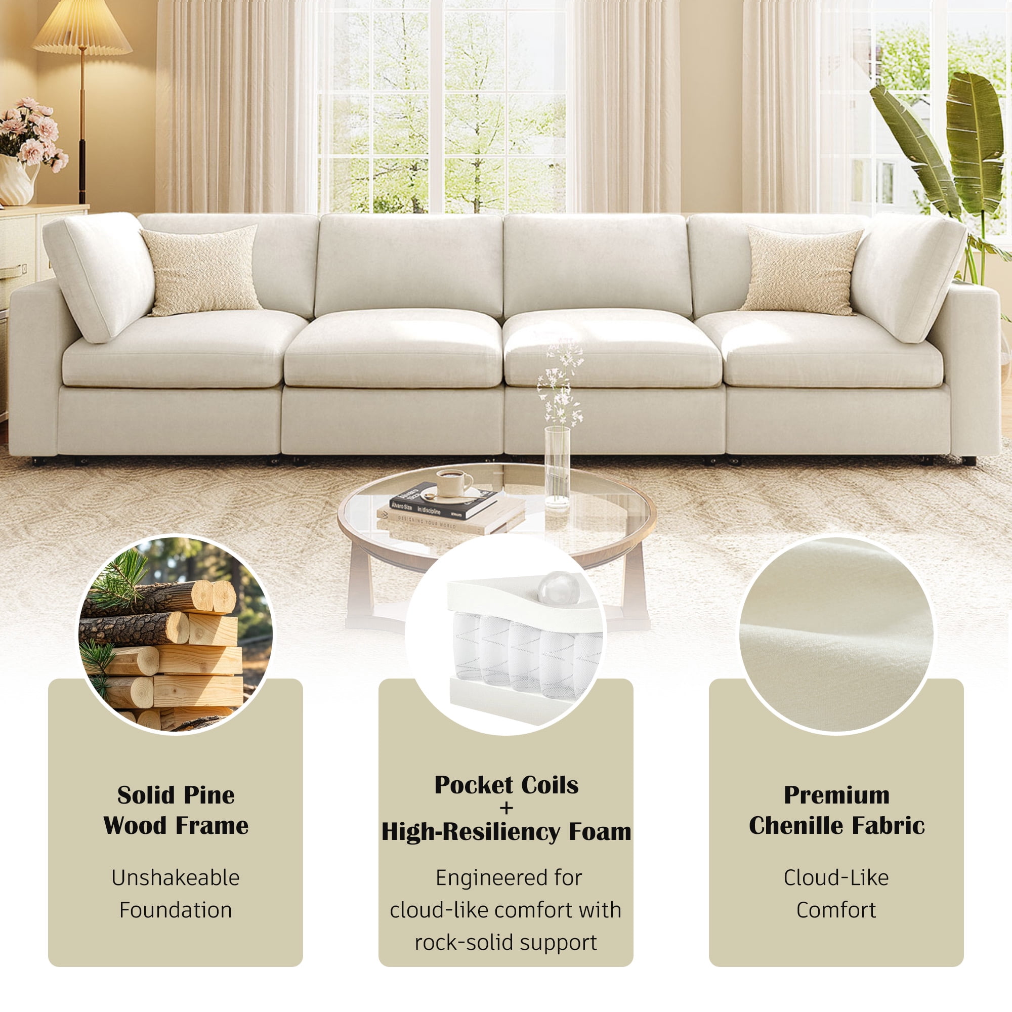 Harper & Bright Designs Modular Sectional Sofa with Storage, Free-combined Sectional Convertible Couch with SB Charge Ports, Wireless Charging and Built-in Bluetooth Speaker in Arm, Beige