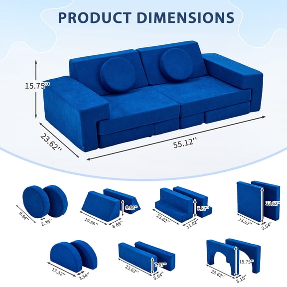 home Couch 14PCS, Modular Kids Play Couch, Multifunctional Foam Toddler Sofa,Climbing & Relaxation, Sectional Convertible Sofa Imaginative Furniture Play Set for Playroom, Blue