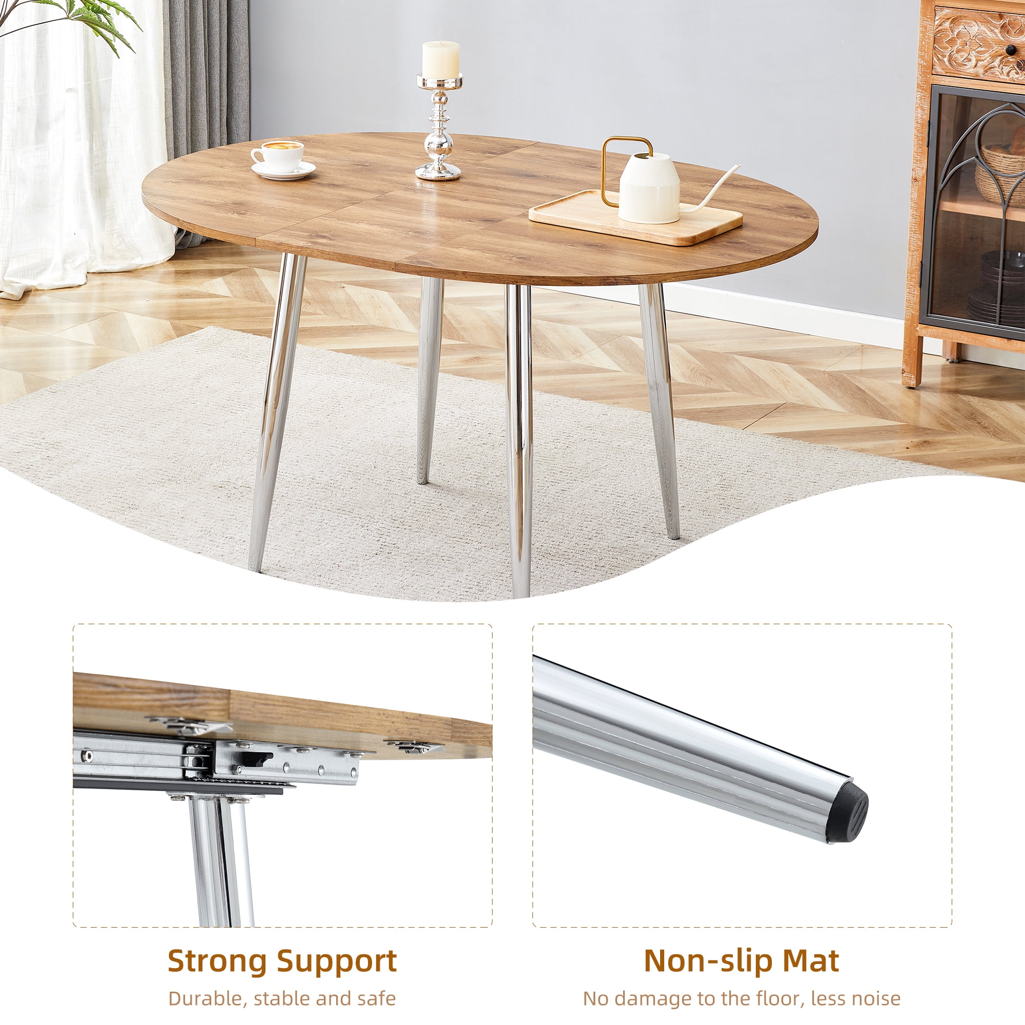 Mintazer Extendable Round to Oval Dining Table with Natural Wood Grain MDF Top & Chrome Metal Legs, Modern Kitchen Table for 4-6 People, Natural