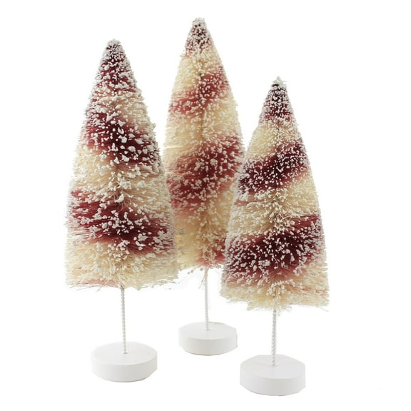 Christmas Candy Cane Bottle Brush Trees Set Of Three Snow Glittered Lc0691