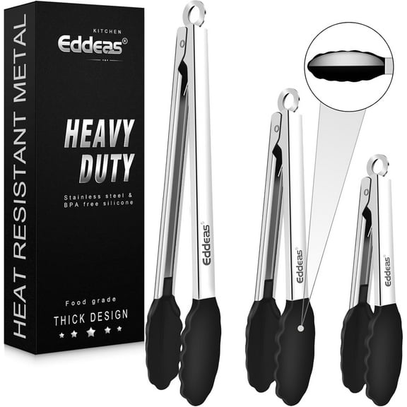 Kitchen Tongs with Silicone Tips - Heat Resistant 600 Degrees Stainless Steel Locking Cooking Tongs with Rubber Tips, Non-Stick Food Tongs for Cooking, Heavy Duty, Set of 3 - 7" 9" and 12" Grey