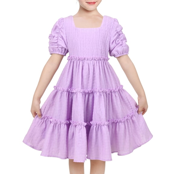 Girls Ruffle Layer Square Loose Puff Short Sleeve Summer Princess 4 Years