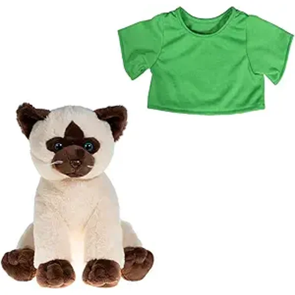 Sammy the Siamese Cat Stuffed Toy with Green T-Shirt - 16" Plush Cat with Blue Eyes and Soft Fur - Cuddly and Cute Feline Toy for Children and Cat Enthusiasts