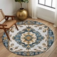 thumbnail image 3 of Vintage Flowers Pattern Washable Round Area Rug 5 ft, Yellow Blue Traditional Bohemian , Soft Non Slip Rugs Stain Repellent Indoor Felt Carpet for Living Dining Room Bedroom Home Office, 3 of 9
