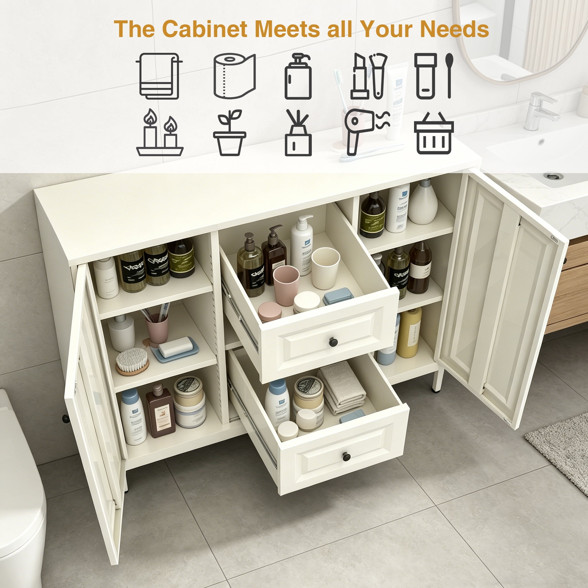 Mintazer Storage Cabinet with 4 Drawer & 2 Door, Buffet Sideboard with Adjustable Shelves, Freestanding Accent Cabinet for Kitchen Living Room Bedroom, Beige