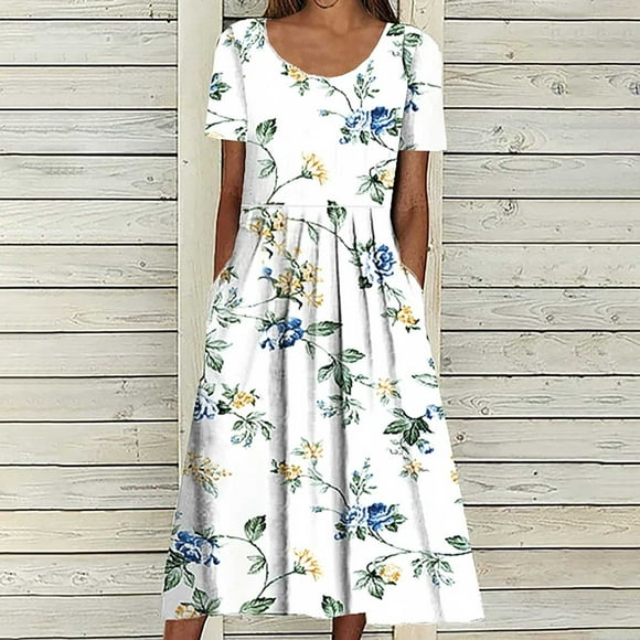 Baikeli Dresses Clearance Summer Dresses for Women 2024 Casual Short Sleeve Sundresses Flower Print Maxi Dress O-Neck Beach Dress with Pockets 2024 Dresses