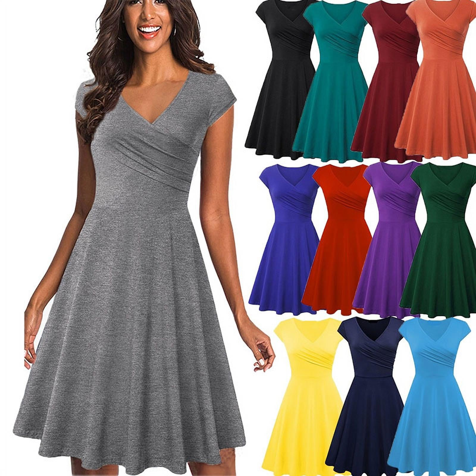 Womens Casual Dress A Line Cap Sleeve V 
