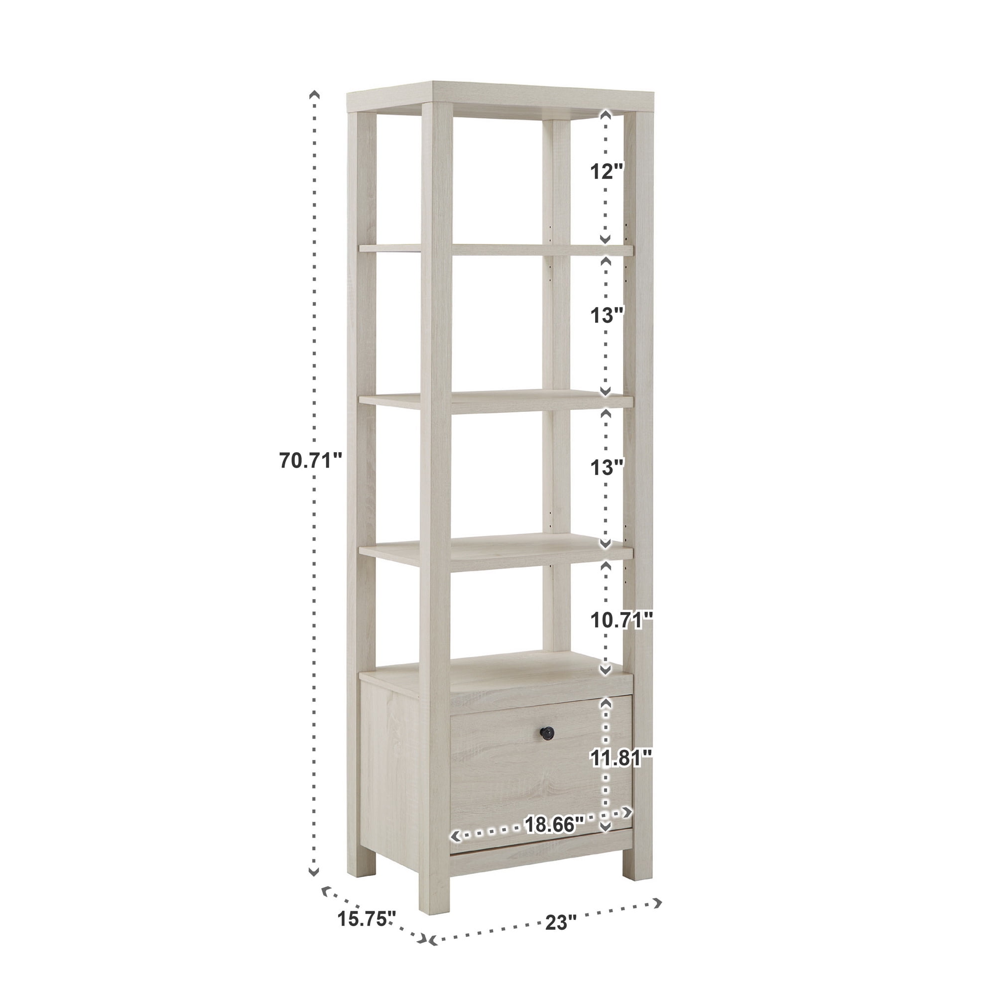Weston Home Fayston 4-Tier/5-Tier Adjustable Bookshelf with Drawer, Antique White Finish, For All Ages