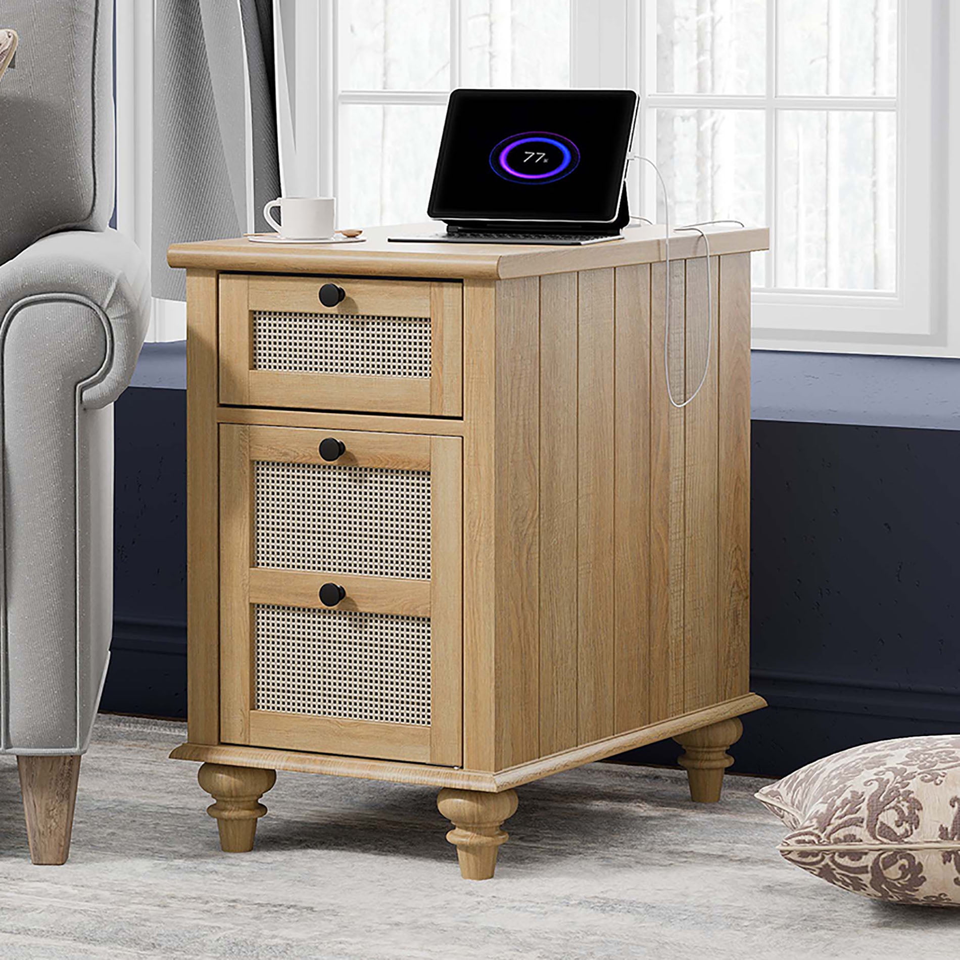 Oak Farmhouse End Table with Charging Station, Wooden Side Table with Rattan Drawer and Cabinet for Living Room Bedroom
