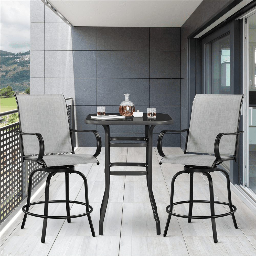 Renwick Patio Swivel Bar Stools with High Back, Set of 2, Black/Light Gray