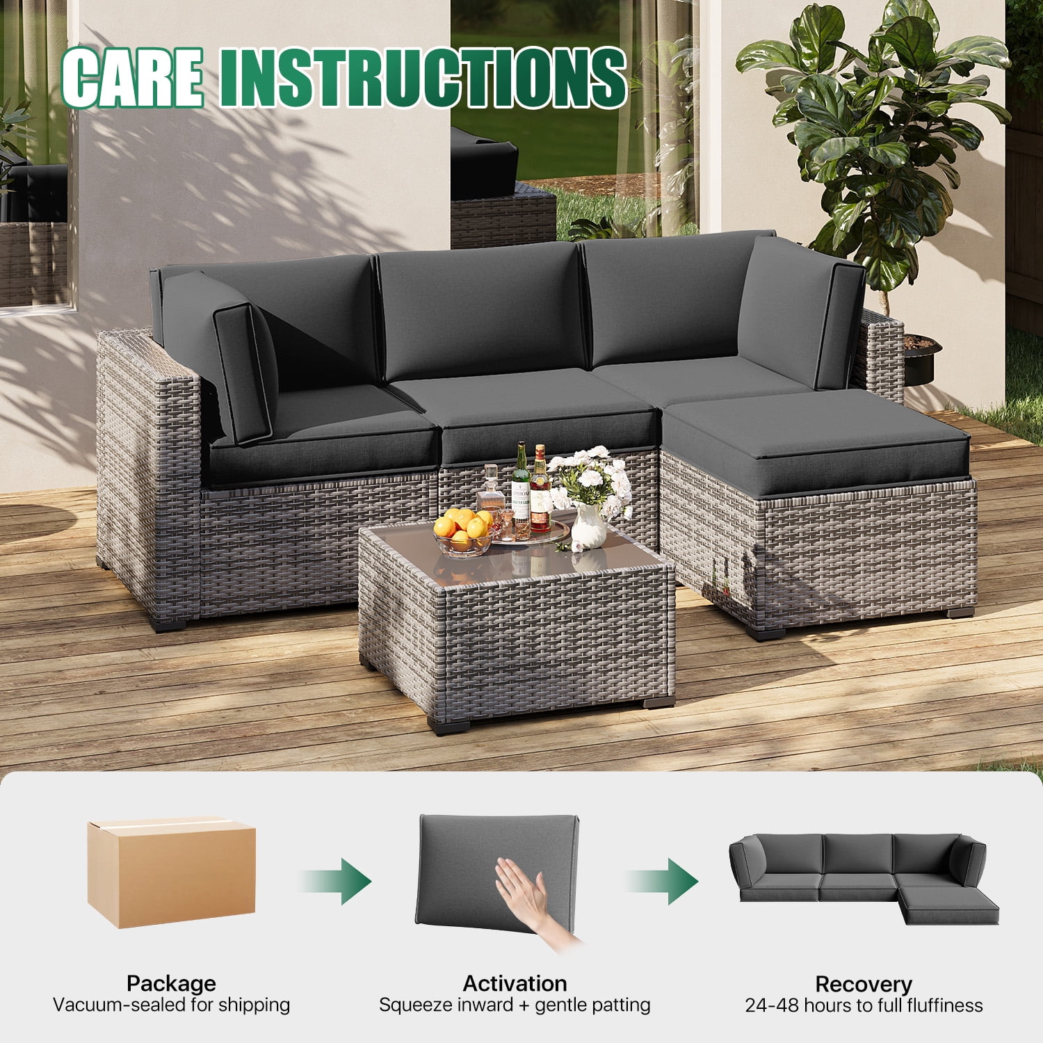 Clouddwell 9-Piece Outdoor Cushion Set for 4-Seat Wicker Sectional - Waterproof, High-Resilience Foam (Dark Gray)