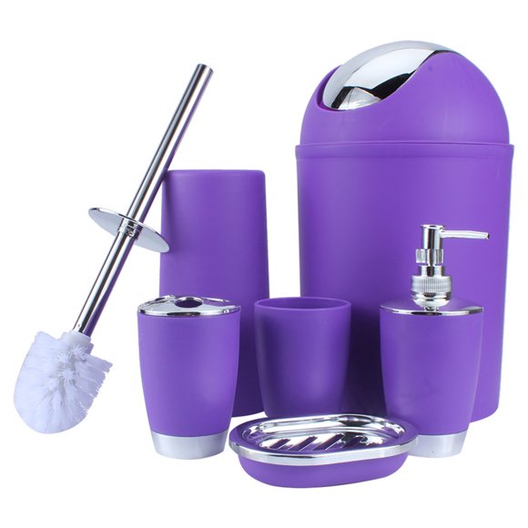 HURRISE Ensemble d'Accessoires de Salle de Bain 6 Pcs, Ensemble de Bain en Plastique Bouteilles de Lotion, Porte-Brosse à Dents, Tasse à Dents, Porte-Savon, Brosse de Toilette, Poubelle, Violet