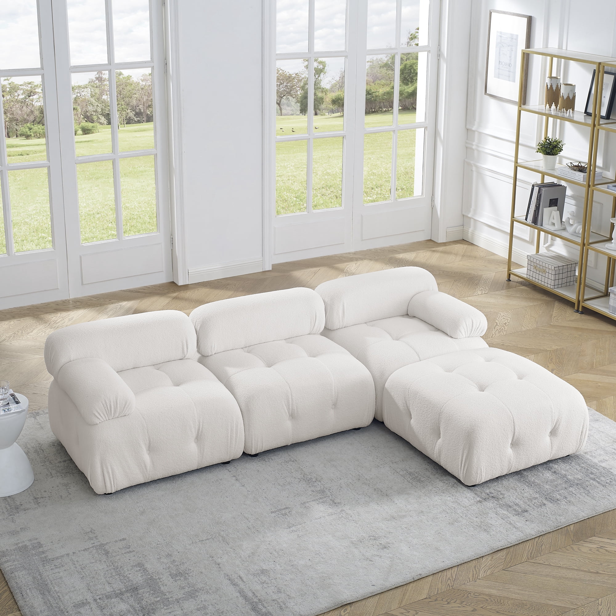 Aukfa 93" Sectional Sofa, Living Room Modular Couch with Ottoman, Pillow Top Arms, Teddy Fleece, Ivory
