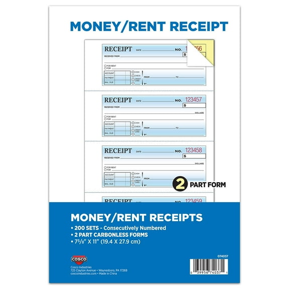 Cosco 2-Part Carbonless Receipts 7.63" x 11" 200 Sets/Book (074037PK2)