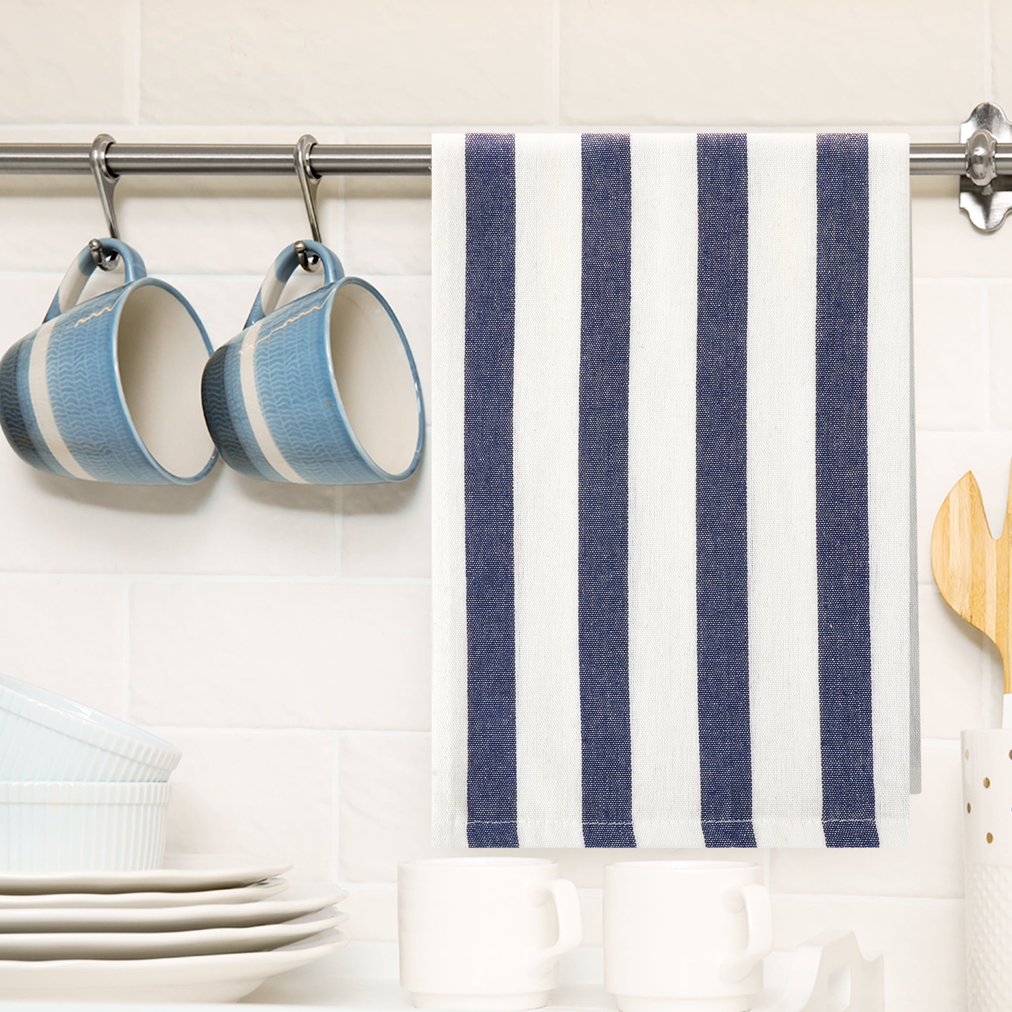 Unique Bargains Cotton Hand Towels Absorbent Lint Free Dish Kitchen Towels 24 x 16 Inch Blue Striped 2pk