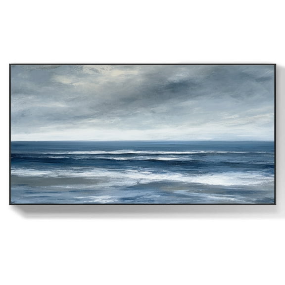 3D Seascape Canvas Oil Painting 3D Textured Wall Art Hand-Painted Dark Blue Sea White Sky Painting Modern Custom Living Room Landscape Decor,Unstretched,Frameless,(41*61cm)16*32Inches