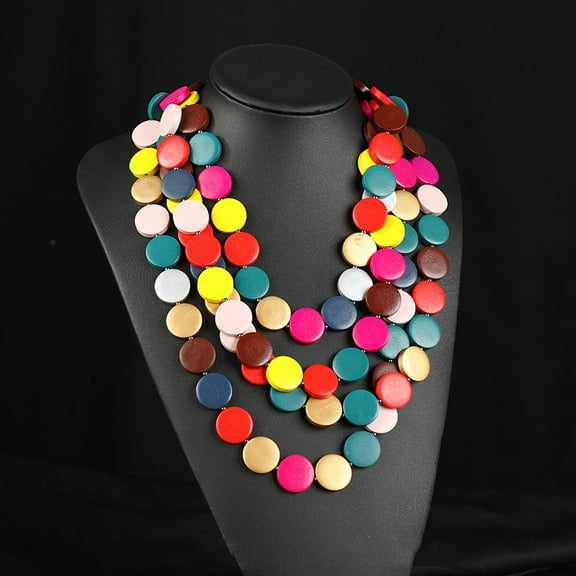 1 pc style Flat Round Wood Beaded Multilayer Necklaces for Women Colorful 14.17 inch(36cm)