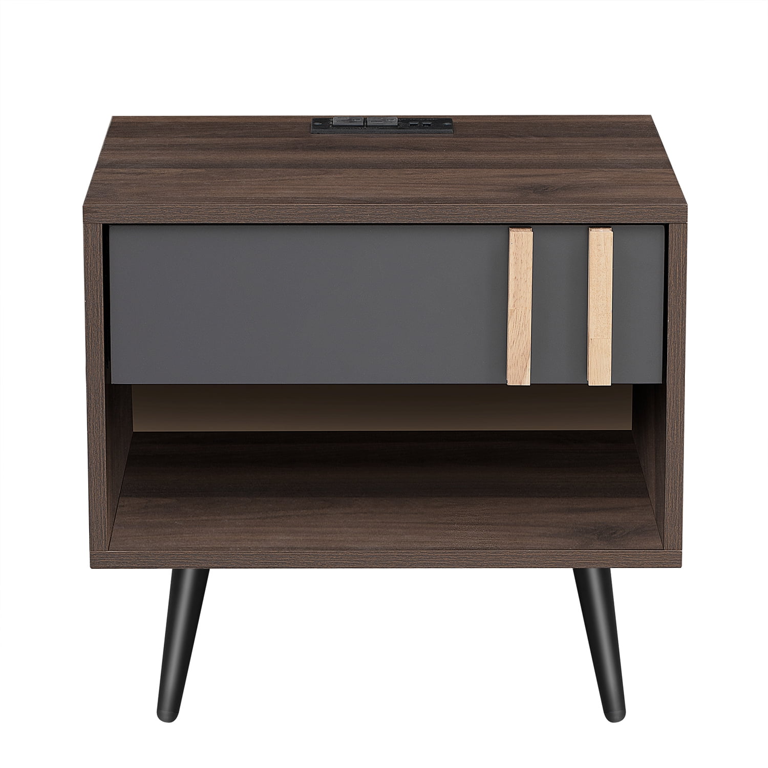 Kadyn Modern Wooden Nightstand, Storage Bedside Table with USB Ports, End Table for Living Room and Bedroom, Gray+Walnut