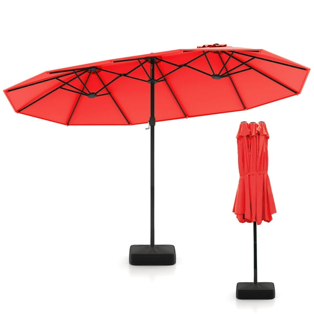 Costway Parasol de Patio Double Face Jumeau 15 Pieds Pare-Soleil Extérieur à Manivelle de Marché Base Rouge Pâle