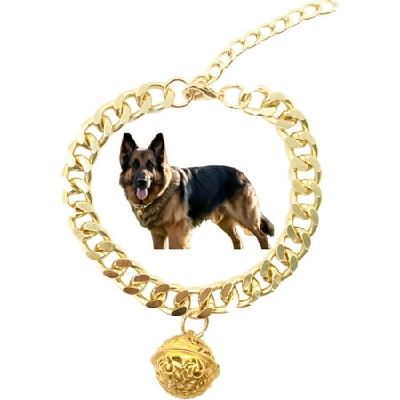 Gold Dog Chain Collar with Bell  Lightweight Aluminum Pet Bell Necklace with Extension Chain  1/2 Inch Wide Metal Link Chain Pet Jewelry (Gold  XL)