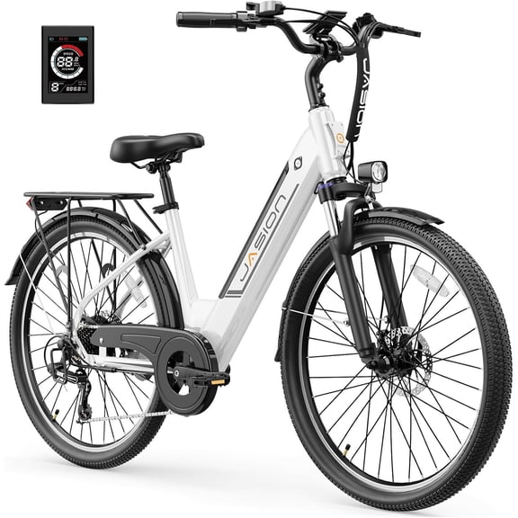 Jasion Roamer ST 26" Electric Bike for Adults, Step-Through Commuter E Bike, 500W Motor, 28 MPH, 48V 11Ah Removable Battery, 62-Mile Range, City Cruiser Ebike, White
