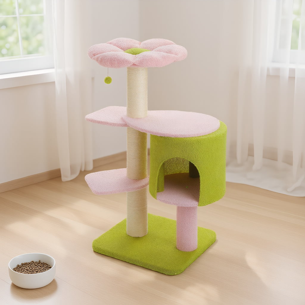 Pefilos 48" Cat Tree for Indoor Cats, 4.1-inches Thicked Scratching Post with a Spacious Condo, Stability Cat Tower with 2-Layer Baseboard, Pink