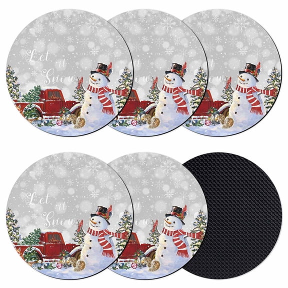Grey Snowman Christmas Coasters Set of 6, Absorbent Coasters for Drinks, Snowflake Red Truck Xmas Tree Gifts Coaster for Desk Coffee Table Protection, Home Decor House Warming Gifts 4"