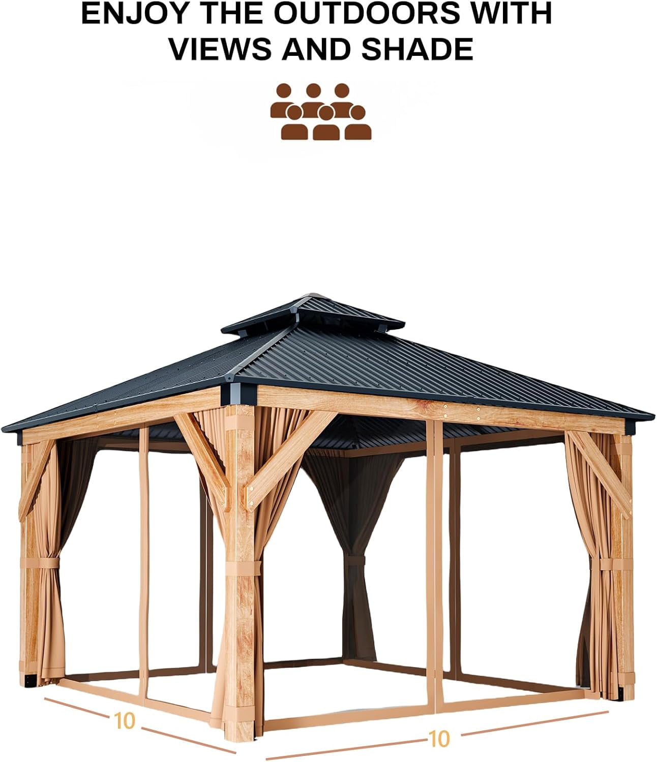 10x10 Ft Wood Gazebo, Upgrade Wooden Frame, Double Galvanized Steel Roof, for Backyard, Patio, Garden and Lawn