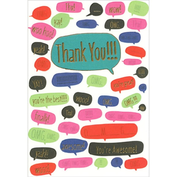 Designer Greetings Thank You, Wooo, OMG: Colorful Talk Bubbles with Gold Foil Letters Package of 8 Graduation Thank You Notes