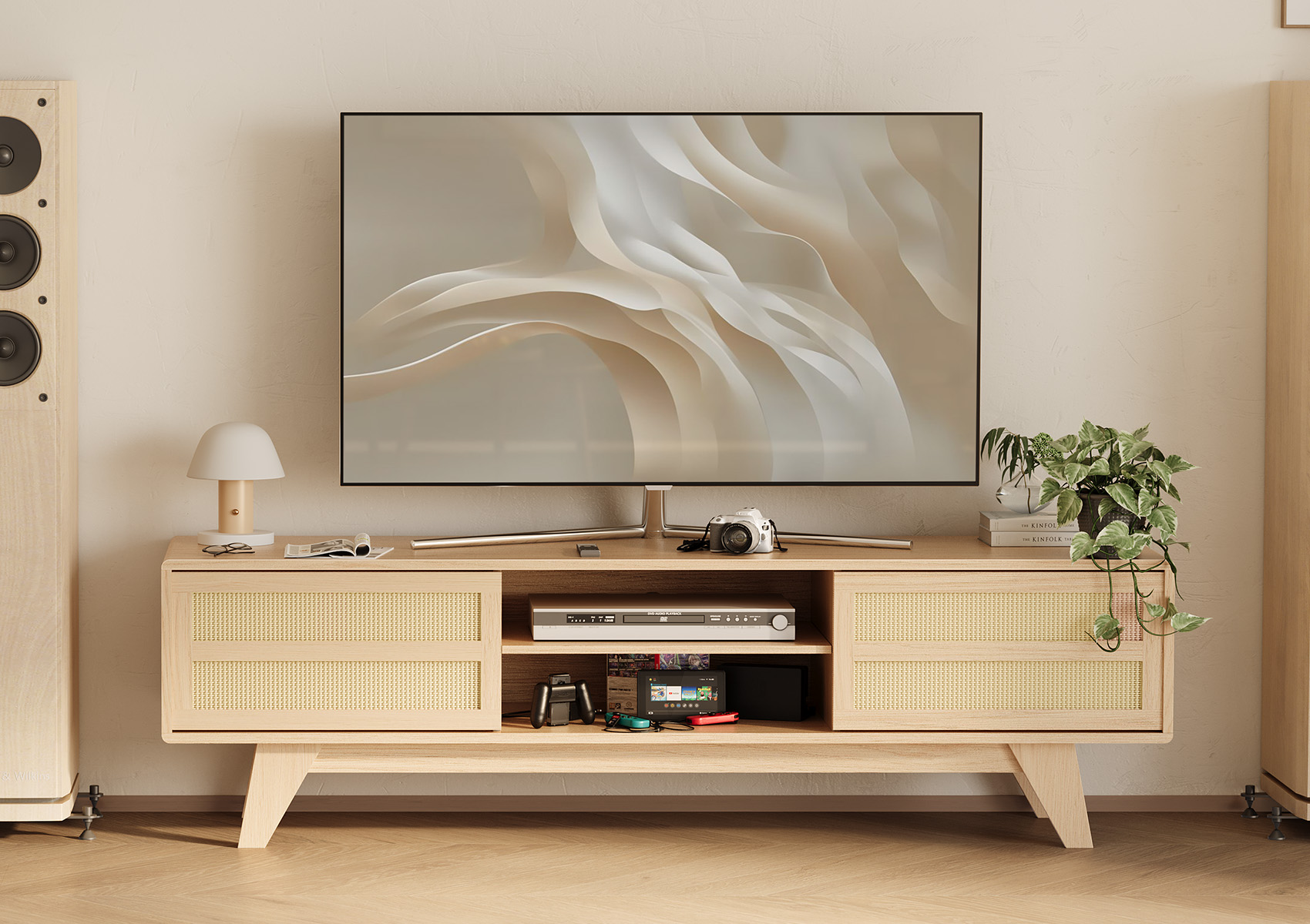 Home Modern Style 65 inch TV Stand for Living Room - TV Stand for TVs up to 65 inches Entertainment Center with Storage - Media TV Cabinet with Doors & Adjustable Shelves,Oak