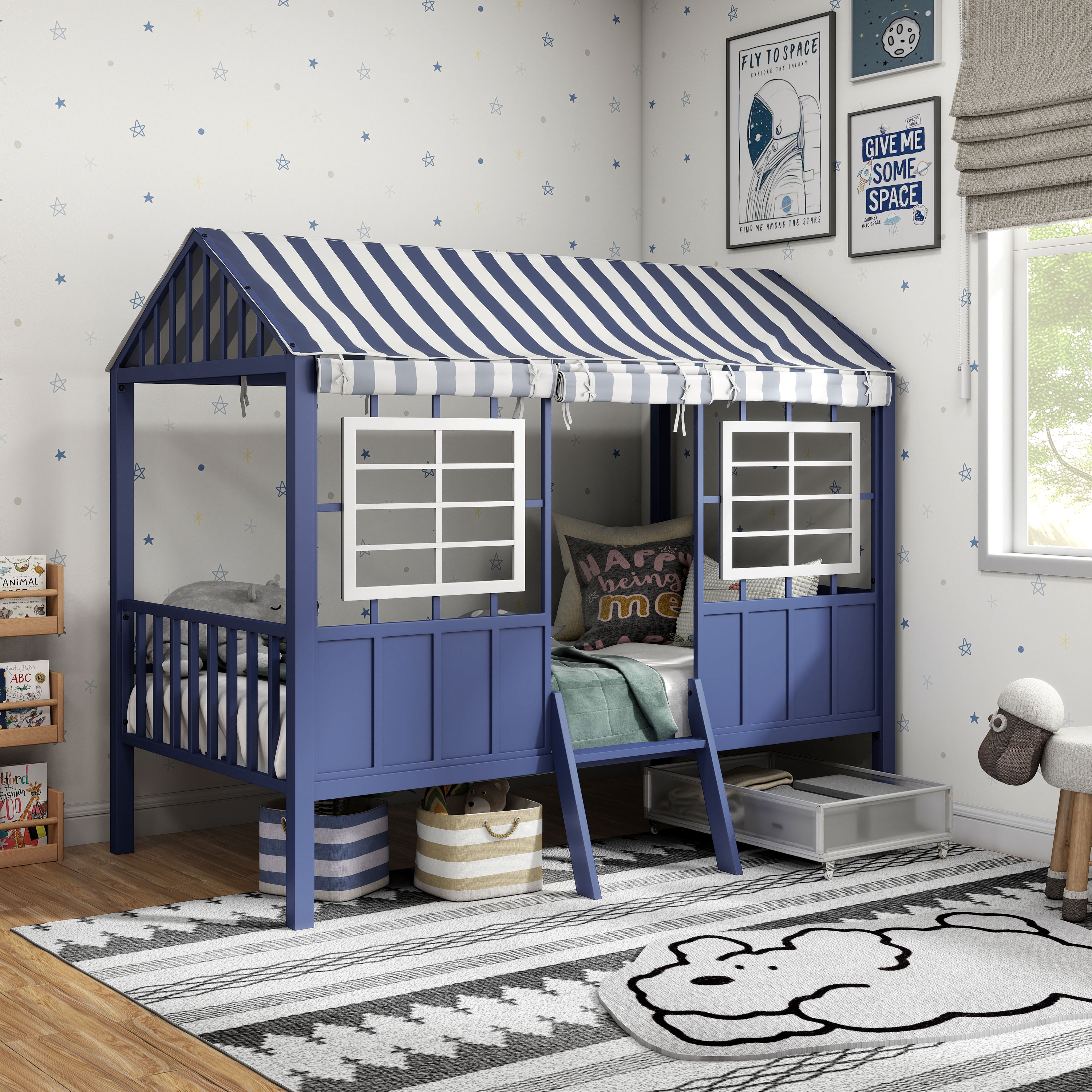 Furniture of America Little House Kids Metal Loft Bed with Guardrails, Blue and White, Twin