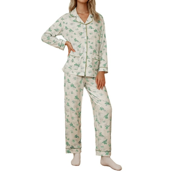 SUYIDA Womens Pajama Sets Floral Print, Cotton Long Sleeve Button Down Pajamas Set for Women Soft Sleepwear Pjs 2 piece Loungewear