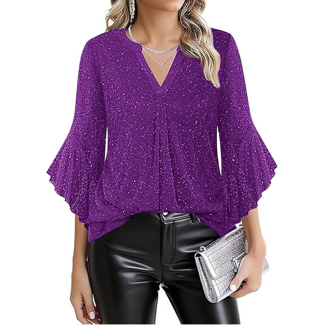 Ounisa Womens 3/4 Ruffle Sleeve Sparkly Tops Sequin V Neck Blouses Dressy Casual Fall Shirts