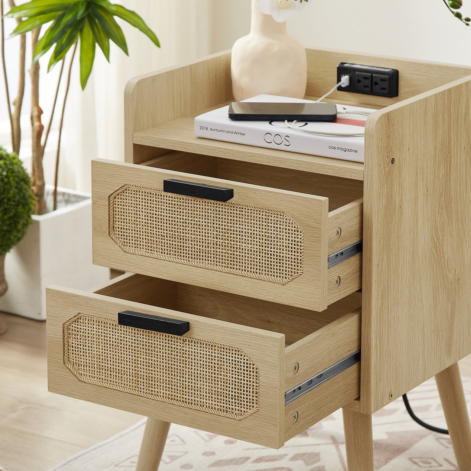 Kepooman Rattan Nightstands Set of 2, End Table with Socket and 2 Drawers, Nightstand Side Table for Home, Golden Kepooman Rattan Nightstands Set of 2, End Table with Socket and 2 Drawers, Nightstand Side Table for Home, Golden
