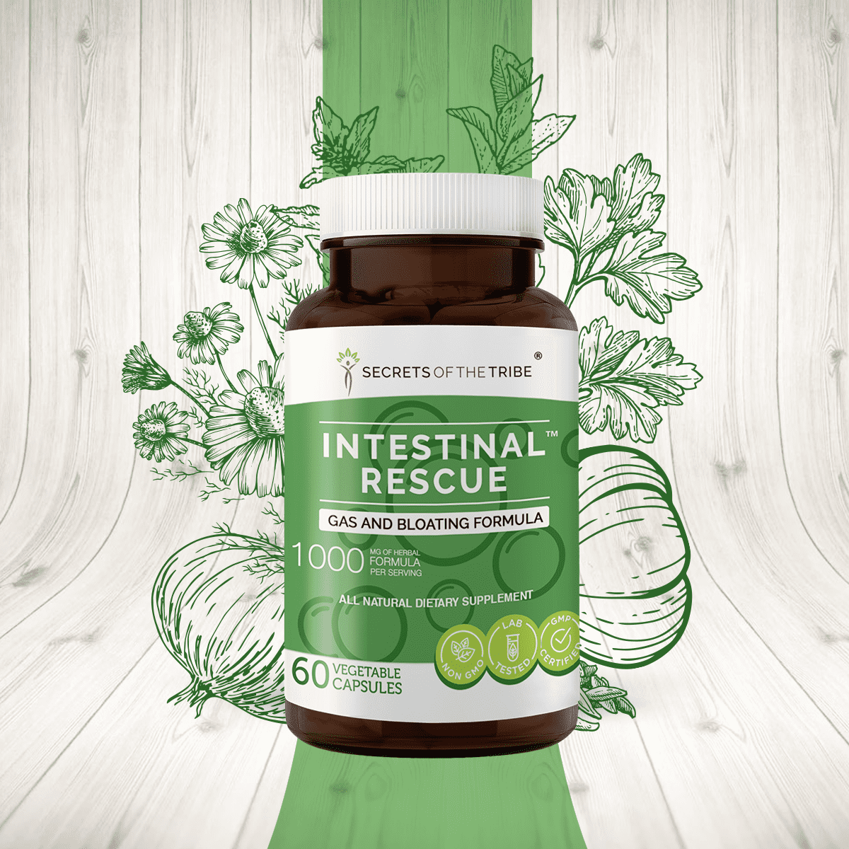 Intestinal Rescue 60 Capsules, 500 mg, Parsley, Chamomile, Caraway, Garlic, Onion, Peppermint