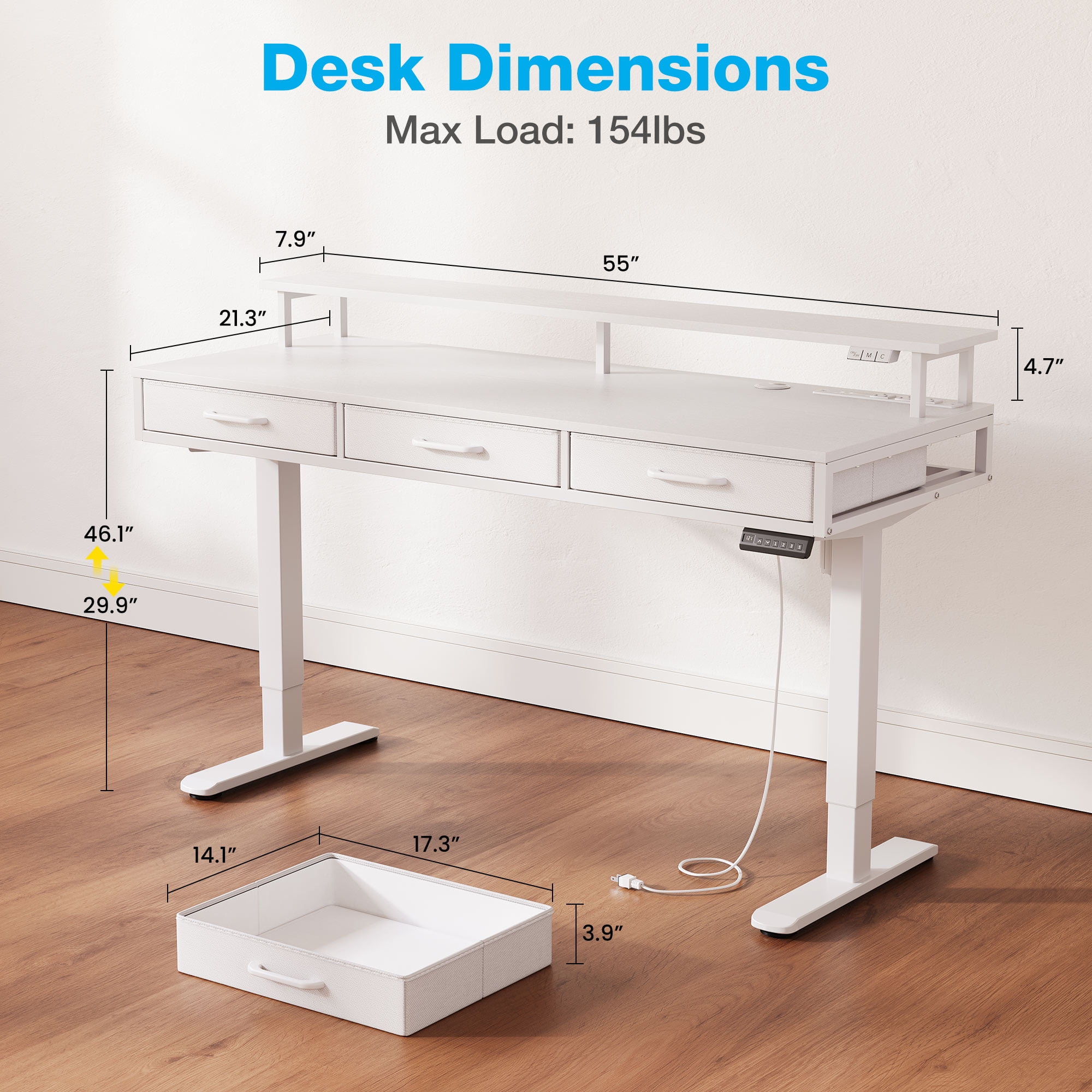 Casacomoda 55 inch Electric Standing Desk with Power Outlets and LED Lights, Adjustable Height Sit Stand Desk with Monitor Shelf & 3 Fabric Drawers for Home Office, White